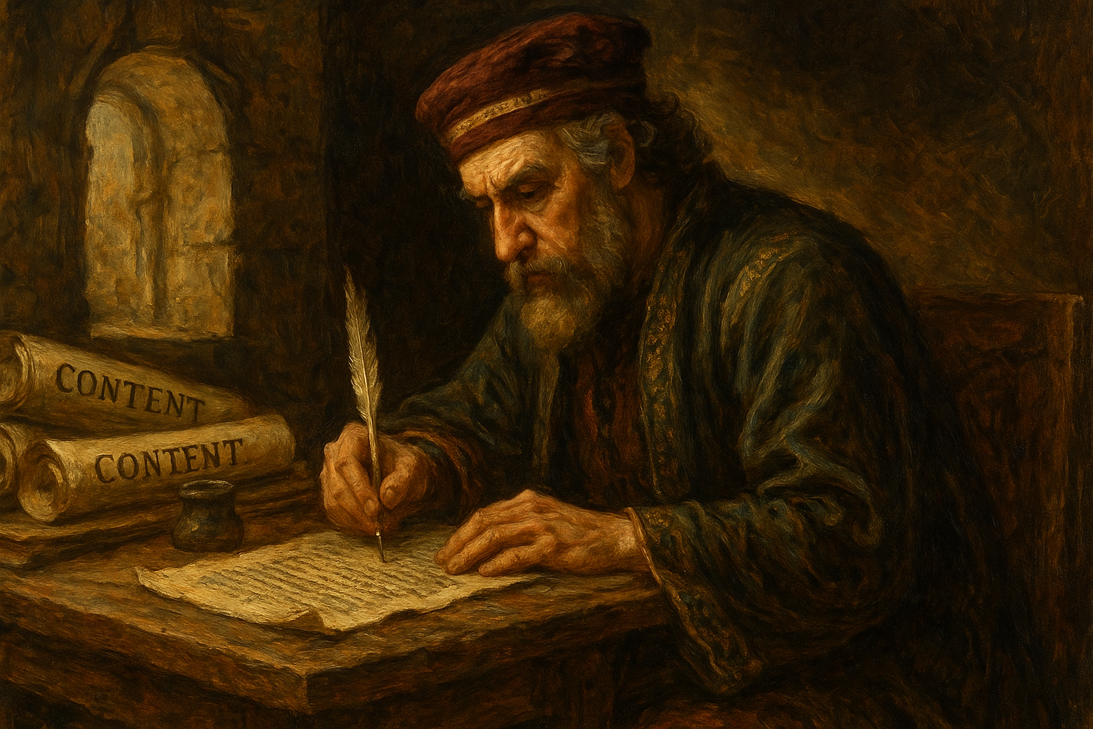Ein SEO-Experte aus dem Jahr 1645 arbeitet an einem SEO-Text